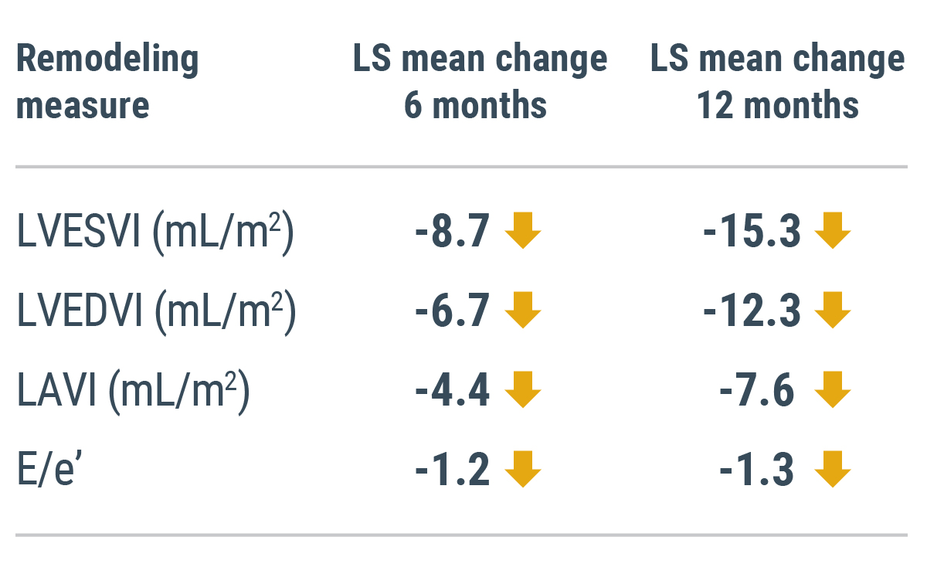 HFrEF cardiac remodeling measure, showing the LS mean change at 6 months and LS mean change at 12 months.