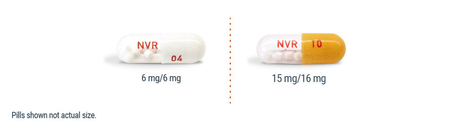 Two capsules containing film coated oral pellets. One with a white end and a dose of 6mg/6mg, the other with an orange end and a dose of 15mg/16mg.